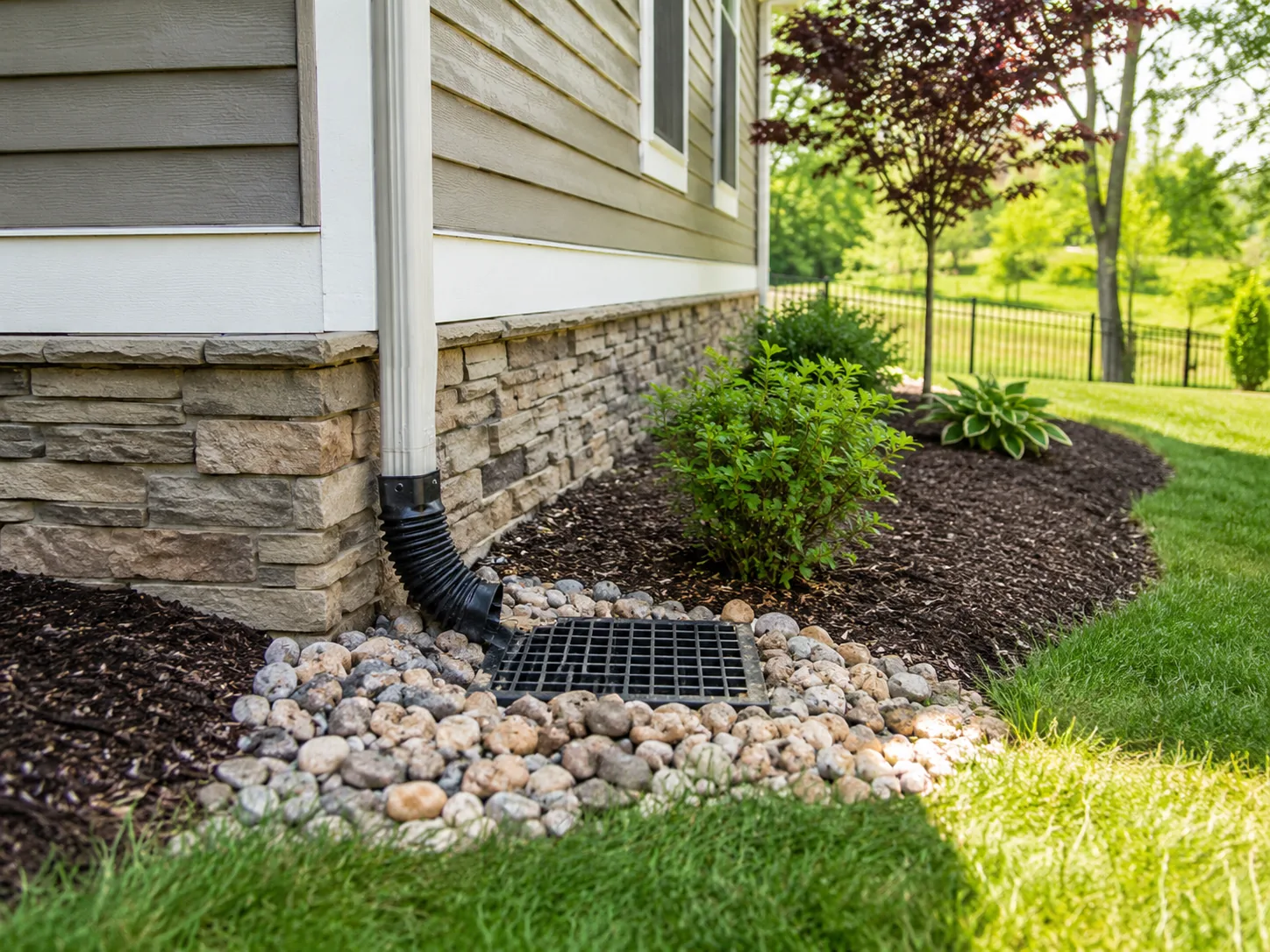 A downspout extension draining into a grated catch basin surrounded by river rock along a home's foundation