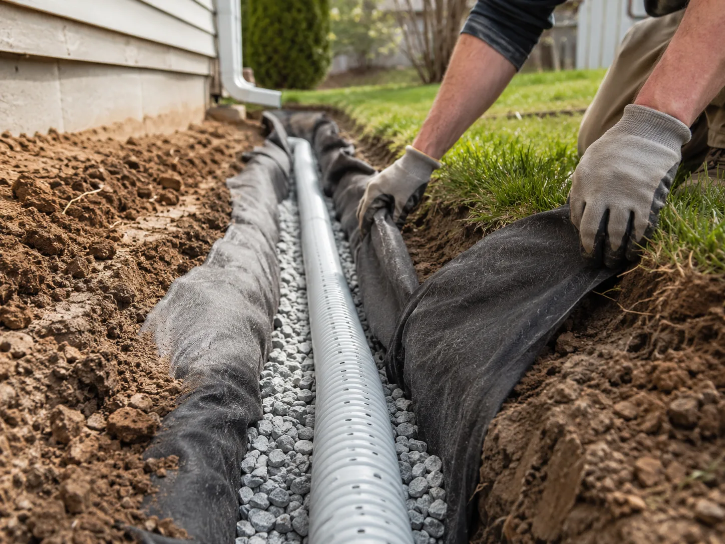 Close-up of a drainage trench with perforated pipe set in gravel, wrapped in landscape fabric