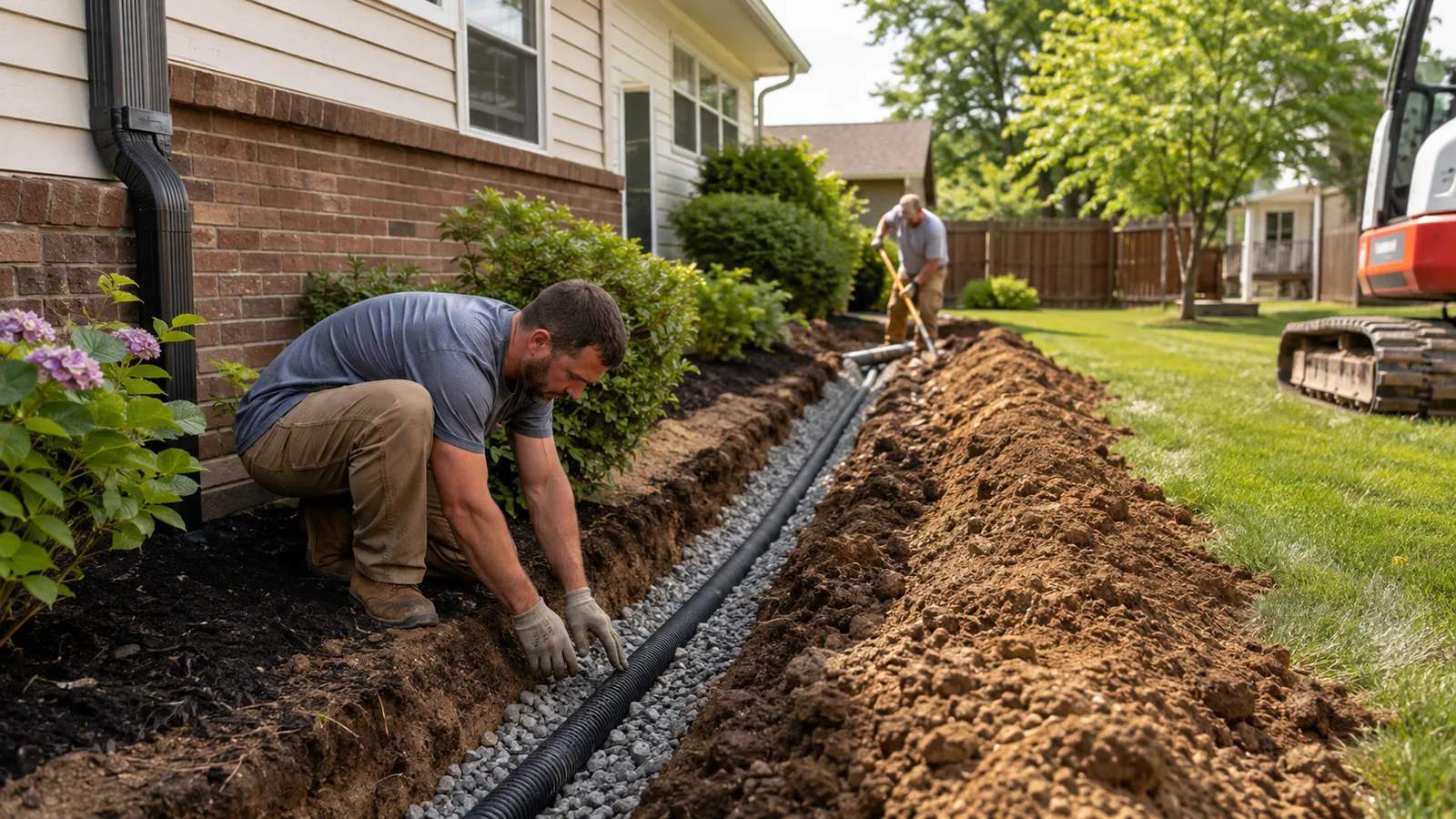 A French drain trench being installed along a home's foundation, with perforated pipe set in gravel