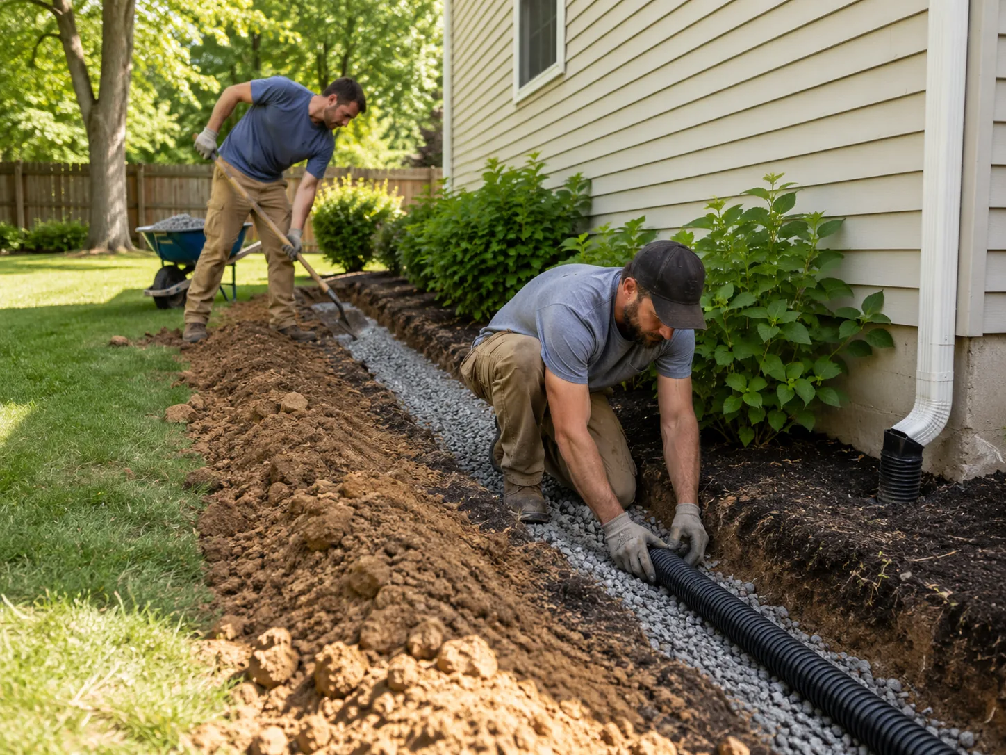 Workers installing a French drain trench along a home's foundation, laying perforated pipe in a gravel-lined trench